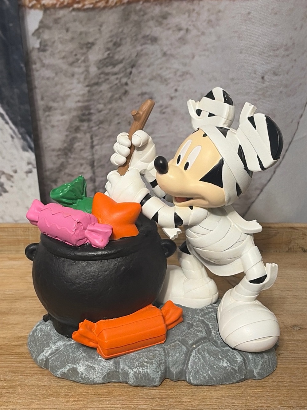 Disney Mummy Mickey Mouse Figurine with Black Cauldron and Colorful Candy